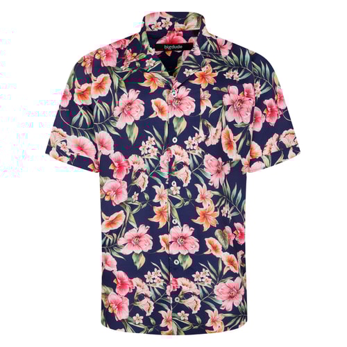 Bigdude Relaxed Collar Floral Short Sleeve Shirt Navy Tall