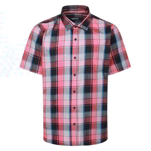 Bigdude Open Collar Checked Short Sleeve Poplin Shirt Red
