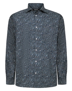 Bigdude Ornamental Print Long Sleeve Poplin Shirt Navy