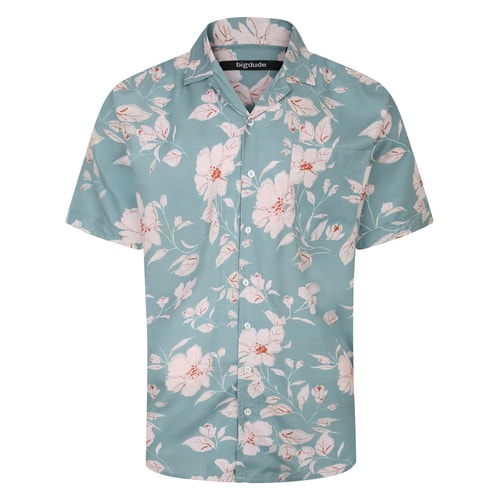 Bigdude Relaxed Collar Flower Print Short Sleeve Shirt Light Green