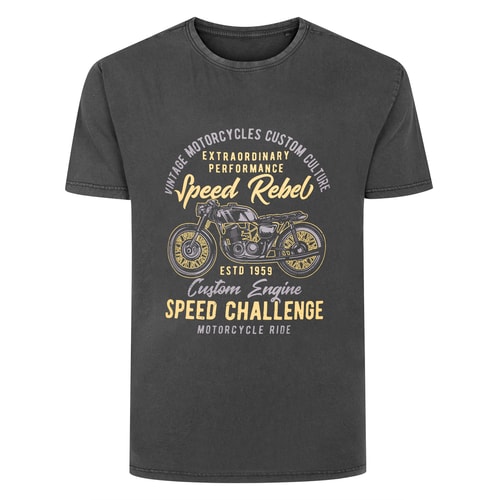 Bigdude Acid Washed Speed Rebel Print T-Shirt Washed Black