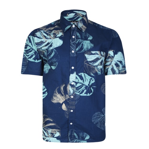 Bigdude Leaf Print Short Sleeve Shirt Navy Tall