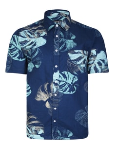 Bigdude Leaf Print Short Sleeve Shirt Navy Tall