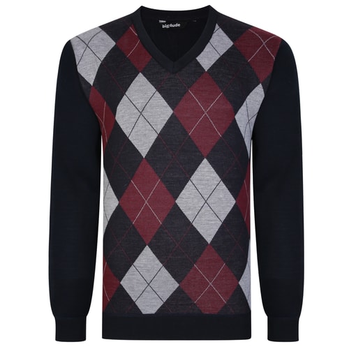 Bigdude Argyle V-Neck Knitted Jumper Navy