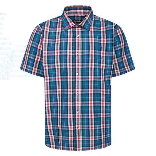 Bigdude Open Collar Checked Short Sleeve Poplin Shirt Blue Tall