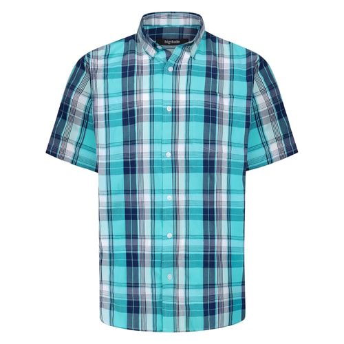 Bigdude Button Down Collar Checked Short Sleeve Poplin Shirt Blue Tall