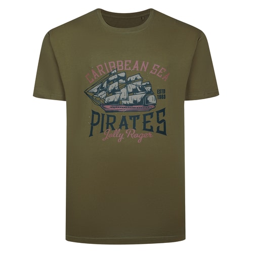 Bigdude Caribbean Sea Pirates Print T-Shirt Dark Olive