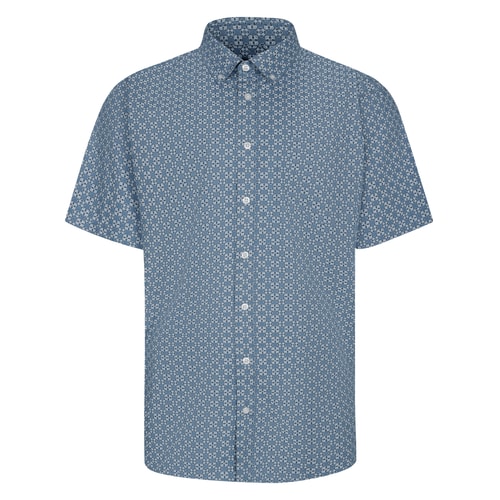 Bigdude Button Down Print Short Sleeve Shirt Blue Tall
