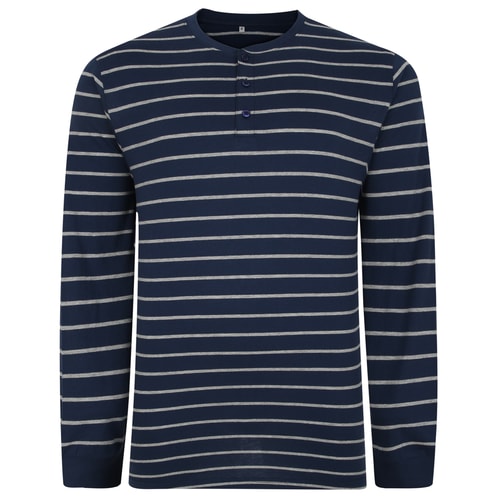 Bigdude Striped Long Sleeve Grandad T-Shirt Navy/Grey