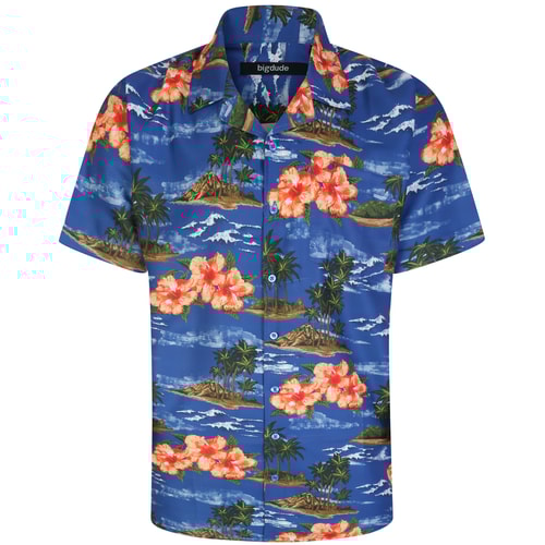 Bigdude Relaxed Collar Floral Print Short Sleeve Shirt Blue Tall