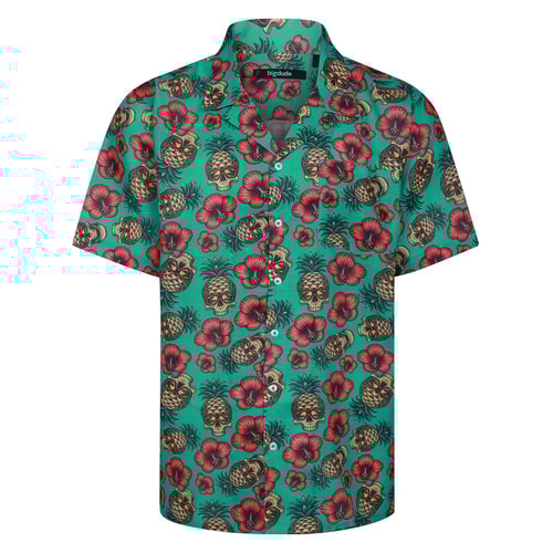 Bigdude Skull Flower Relaxed Collar Short Sleeve Shirt Green