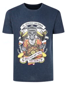 Bigdude Greatest Sailorman Print T-Shirt Acid Wash Navy