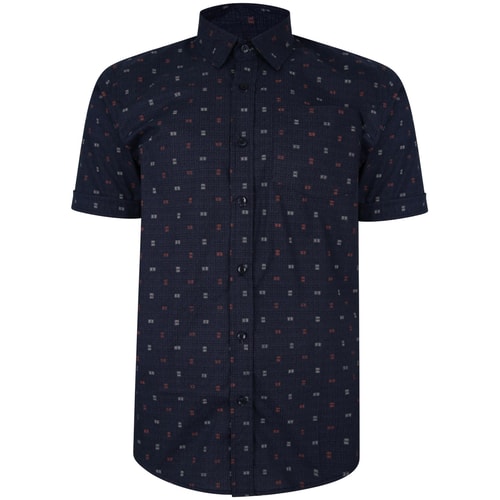 Bigdude Short Sleeve Cotton Woven Abstract Design Shirt Navy/Grey