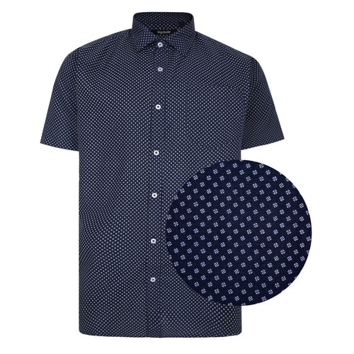 Bigdude All Over Pattern Print Woven Short Sleeve Shirt Navy/White