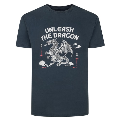 Bigdude Unleash the Dragon Acid Wash Print T-shirt Washed Navy