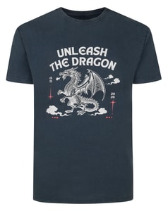 Bigdude Unleash the Dragon Acid Wash Print T-shirt Washed Navy