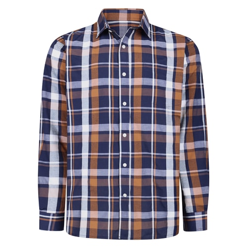 Bigdude Cut Away Collar Checked Long Sleeve Poplin Shirt Brown