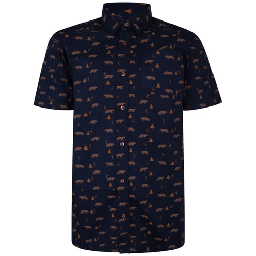 Bigdude Short Sleeve Cotton Woven Bear Print Shirt Navy/Brown Tall