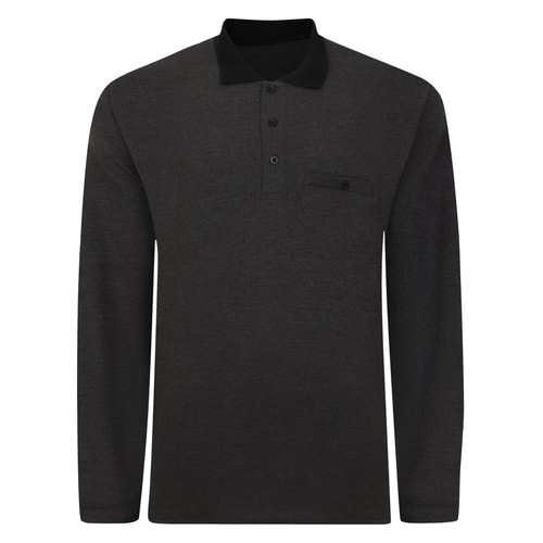 Bigdude Contrast Collar Long Sleeve Polo Charcoal