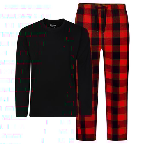 Bigdude Cosy Long Sleeve T-Shirt Checked Pants PJ Set Black/Red