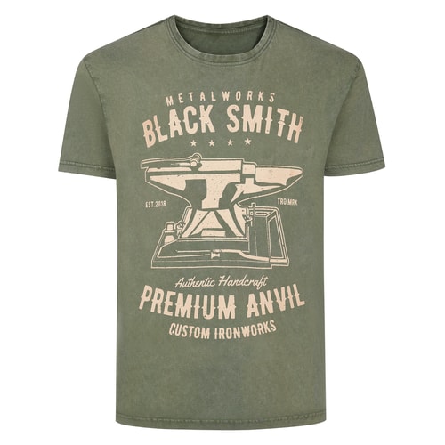 Bigdude Blacksmith Acid Wash Printed T-Shirt Washed Khaki
