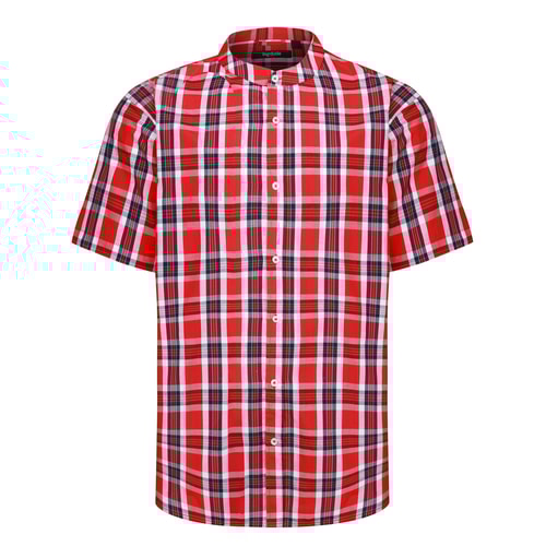 Bigdude Grandad Collar Checked Short Sleeve Shirt Red