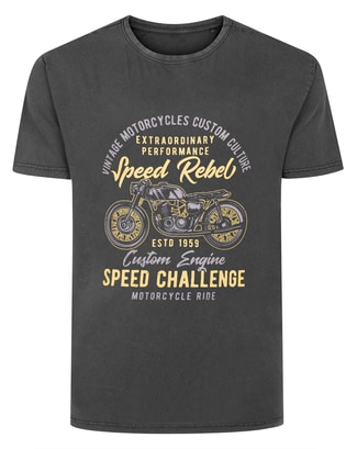 Bigdude Acid Washed Speed Rebel Print T-Shirt Washed Black Tall