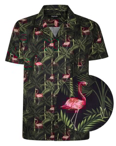 Bigdude Relaxed Collar All Over Flamingo Print Woven Short Sleeve Shirt Black