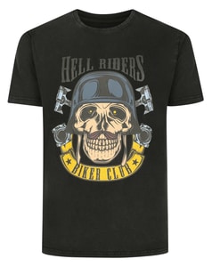 Bigdude Hell Rider Print Short Sleeve Acid Wash T-Shirt Washed Black