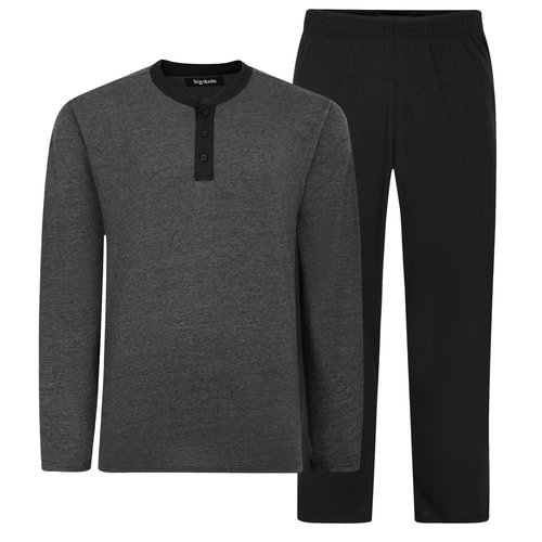 Bigdude Contrast Grandad Long Sleeve Pyjama Set Charcoal / Black