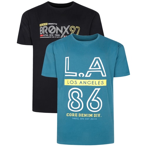 Bigdude Twin Pack LA and Bronx Print T-Shirt Petrol/Black Tall