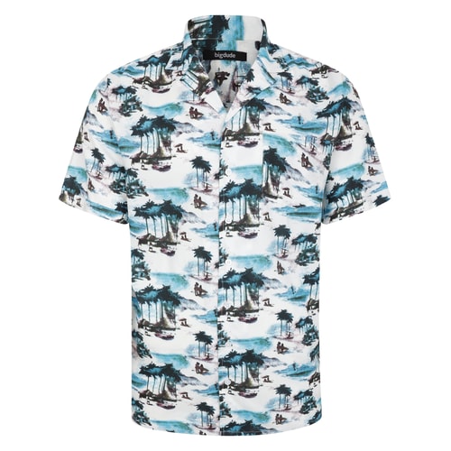 Bigdude Tropical Island Viscose Relaxed Collar Shirt White Tall