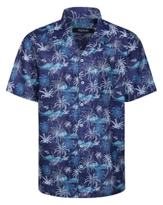 Bigdude Palm Trees Relaxed Collar Short Sleeve Shirt Navy Tall