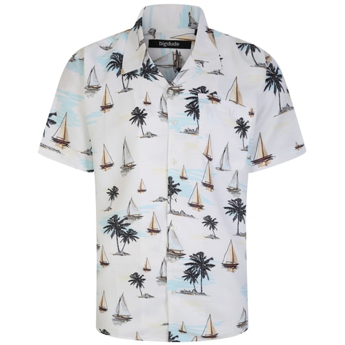 Bigdude Relaxed Collar Sail Print Short Sleeve Shirt White Tall