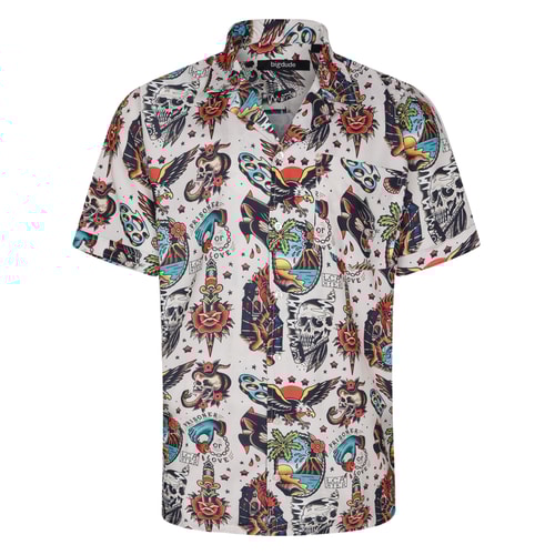 Bigdude Relaxed Collar Vintage Tattoo Short Sleeve Shirt Cream