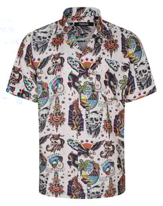 Bigdude Relaxed Collar Vintage Tattoo Short Sleeve Shirt Cream
