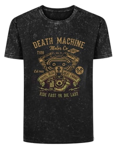 Bigdude Death Machine Print Short Sleeve Acid Wash T-Shirt Tall Washed Black