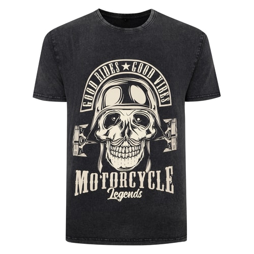 Bigdude Acid Wash Skull Print T-Shirt Washed Black