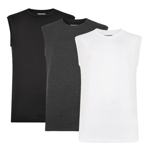 Bigdude 3 Pack Plain Sleeveless T-Shirt Black/Charcoal/White