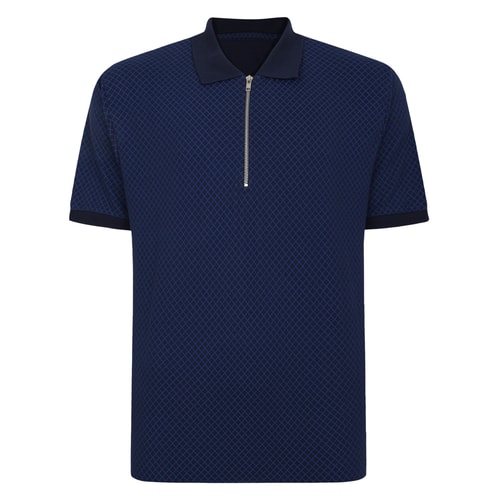 Bigdude Zipped Geometric Polo Shirt Navy Tall