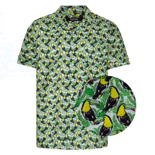 Bigdude Relaxed Collar All Over Toucan Print Woven Short Sleeve Shirt Green