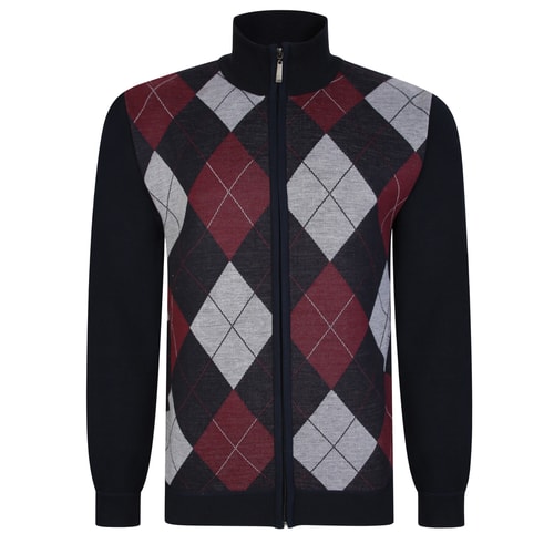 Bigdude Argyle Full Zip Knitted Jumper Navy