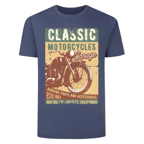 Bigdude Classic Motorcycle Print T-Shirt Dusty Blue