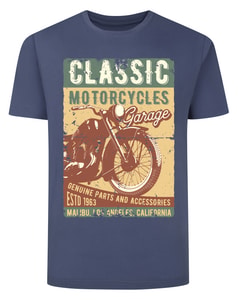 Bigdude Classic Motorcycle Print T-Shirt Dusty Blue
