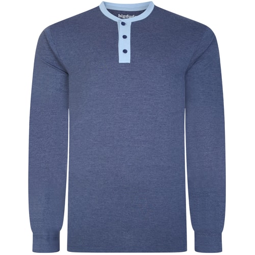 Bigdude Woven Contrast Grandad Long Sleeve T-Shirt Dark Denim