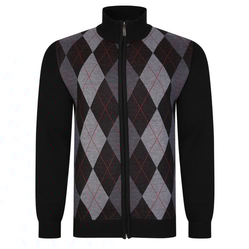Bigdude Argyle Full Zip Knitted Jumper Black