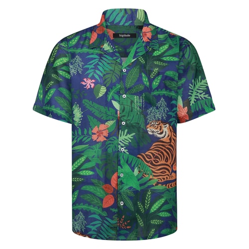 Bigdude Tiger Relaxed Collar Short Sleeve Shirt Deep Blue