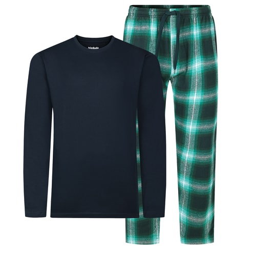 Bigdude Cosy Long Sleeve T-Shirt Checked Pants PJ Set Navy