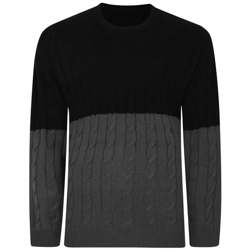 Bigdude Cable Knit Colour Block Jumper Black/Charcoal