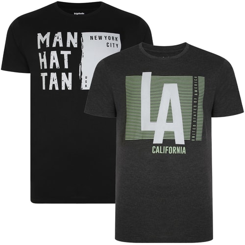 Bigdude 2 Pack American States Print T-Shirt Black/Charcoal